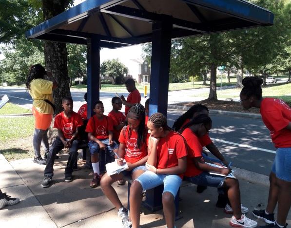 Young volunteers during our Walk2Transit project identified features of good bus stops, like this one on Clanton Rd.